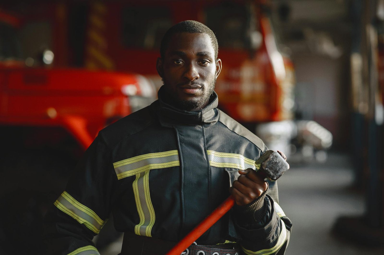 Portrait of a firefighter in uniform holding equipment with a fire truck in the background.