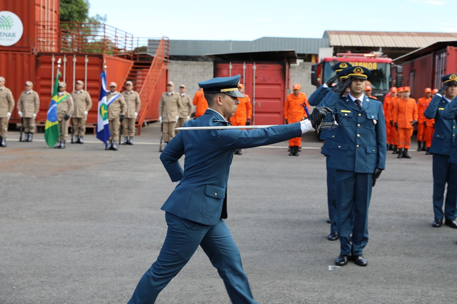 Official ceremony featuring military parade and firefighters in Mato Grosso, Brazil.