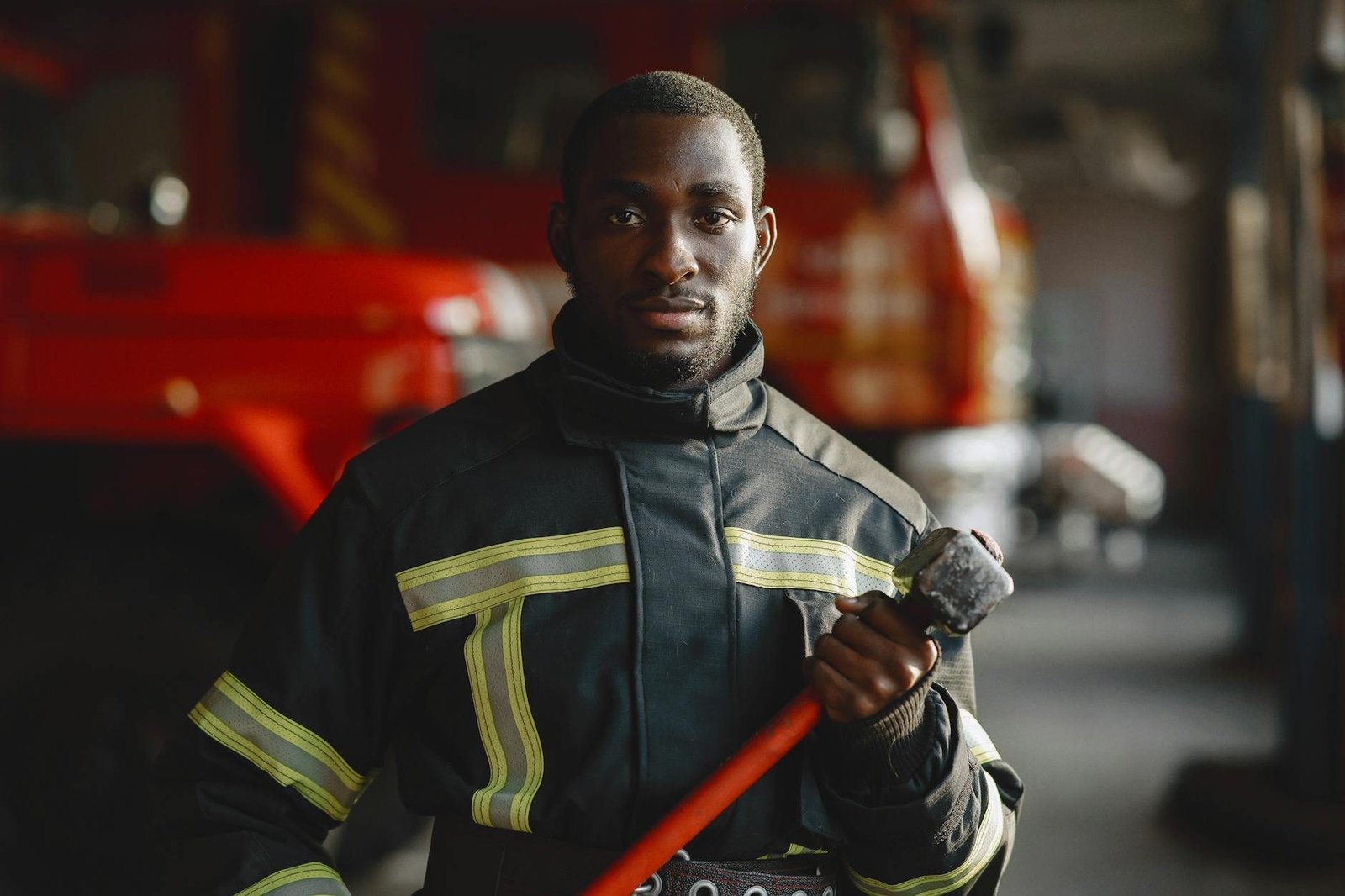 Portrait of a firefighter in uniform holding equipment with a fire truck in the background.